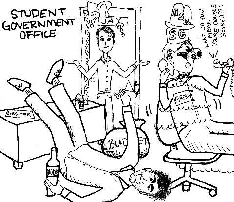 Student Body Treasurer Scott Lassiter and Greg Doucette, President of both Student Senate and UNC Association of Student Governments, hanging out in the office.