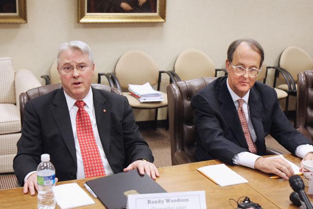 William "Randy" Woodson and Erskine Bowles, resigning President of the UNC Board of Governors, speak at the press conference following the UNC Board of Governors meeting on Jan. 8. Photo by Michele Chandler