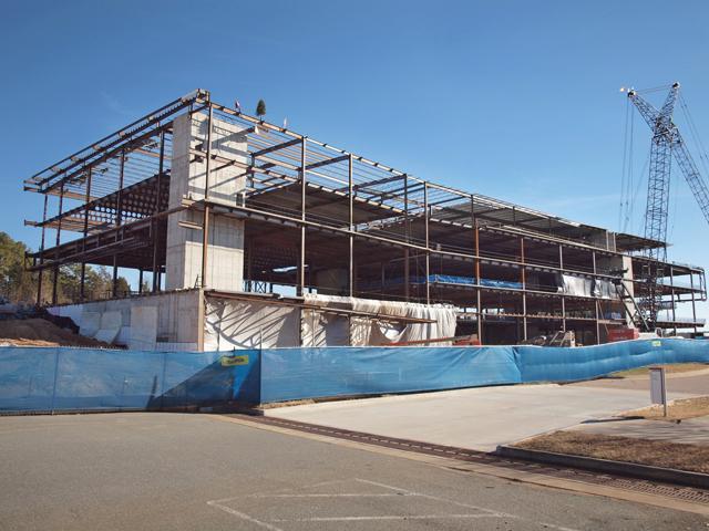 Construction of the James B. Hunt Jr. Library on Centennial Campus. Workers finished the steel frame in January. The construction should be completed on time in Fall 2012.