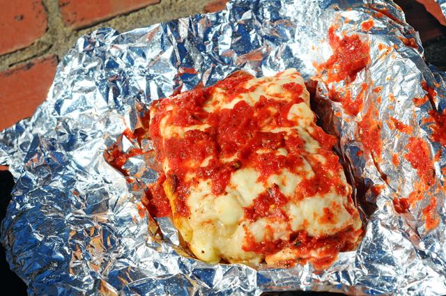 This Detroit-style pizza puts the sauce on top of the cheese at Klausie's Pizza truck at Centennial Campus. Photo by Brent Kitchen.