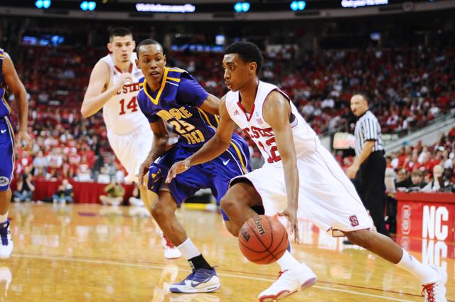 Ryan Harrow drives the ball against Tennessee Tech in the RBC Center. Photo taken by Brent Kitchen.