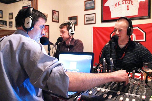 James Curle (left), a former photo editor for Technician, along with former managing editor Derek Medlin (right) and Austin Johnson, a former sports editor, work on the R&amp;R Podcast Monday night. Photo taken by Tyler Andrews..