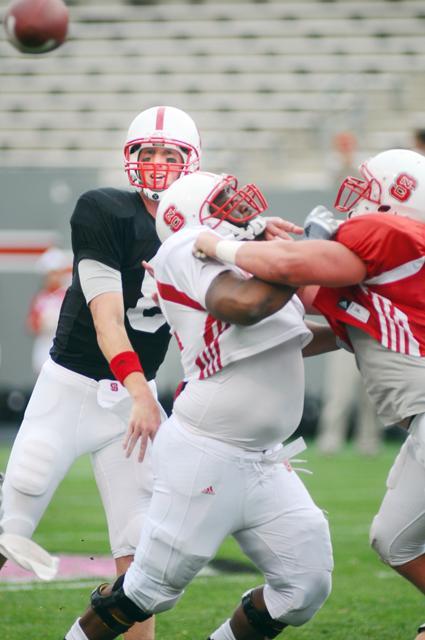 Redshirt junior quarterback Mike Glennon launches a pass during the Kay Yow Spring Game on Saturday, April 16, 2011. Photo by Brent Kitchen.