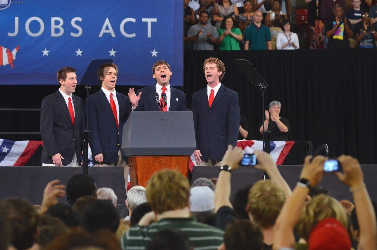 Grains of Time sings the national anthem in Reynolds Coliseum before President Barack Obama's speech Sept. 14, 2011. Obama's visit to N.C. State was the first from a sitting president since Ronald Reagan's visit in 1986. Photo by Alex Sanchez.