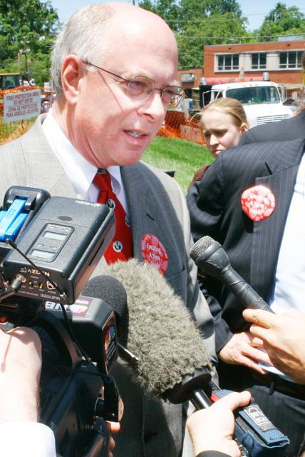 Raleigh mayor, Charles Meeker, looks on as N.C. State chancellor, James Oblinger, is asked questions by members of the media following the groundbreaking at the Hillsborough street renovation project May 20, 2009. All questions asked were related to the Mary Easley controversy, and not the renovation project. Photo by Brent Kitchen.