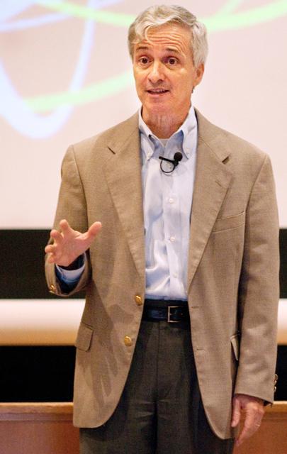 Executive project manager at IBM, Jim de Piante, spoke at NC State's Nelson Auditorium, Wednesday September 28th, 2011, about the history, and development of IBM's "WATSON" super computer, as part of IBM's 100th anniversary celebration. Photo by Thomas Obarowski