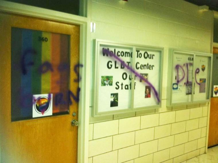 The outside of the GLBT Center's office was spray-painted Monday night with derogatory words. Photo contributed by Paul Cash