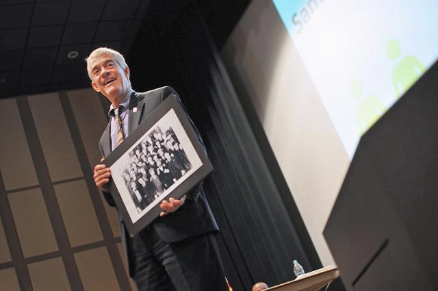 Tom Stafford, vice chancellor of student affairs, talks to a group of students about the importance of diversity on campus at a seminar held in Witherspoon cinema, Wednesday, Oct. 12, 2011. Stafford made a parallels between the lack of ethnicity in his photo of the class of 1889 and the lack of knowledge about sexuality on campus today. Photo by Jordan Moore