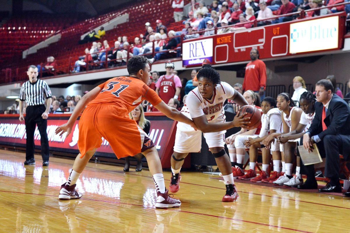 Junior guard Myisha Goodwin-Coleman prepares to drive past Virginia Tech's Monet Tellier in Reynolds Coliseum, Jan. 24. The Wolfpack women captured their first conference win Thursday night, defeating the Hokies 58-39. The victory puts the Pack at 9-11 overall, and 1-7 in the ACC. Photo by Caide Wooten.