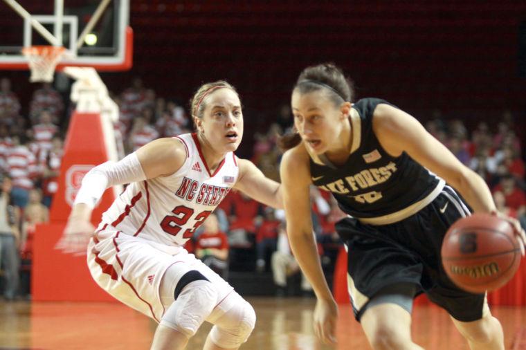 Photo by Joannah Irvin. Senior guard Marissa Kasttanek works to gain possession of the ball during the N.C. State 64-55 win against Wake Forest on Sunday Feb. 3 2013. The Wolfpack win improved its 11-12 over all and 3-8 in the ACC.