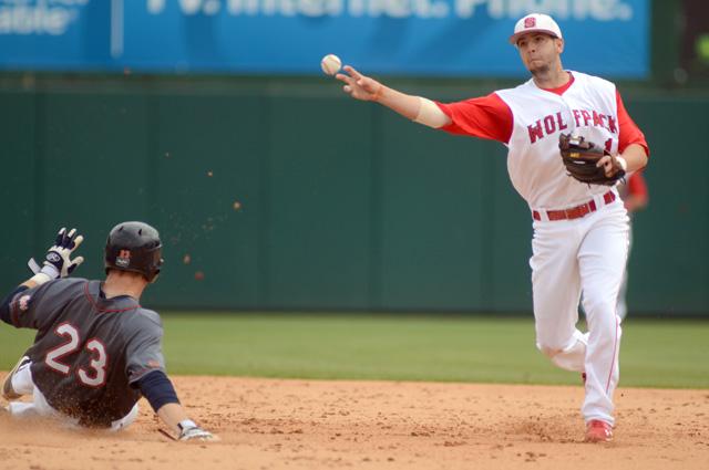 Making a double-play, junior Matt Bergquist throws the ball to first base after tagging a Virginia runner out at second. The Wolfpack beat the Virginia Cavaliers in a three game seires 2-1 the weekend of March 30, 2012. Photo by Ryan Parry.