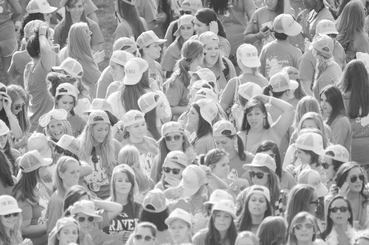Masses of sorority girls gather outside Witherspoon student center for bid day, Wed. Sept. 14, 2011. Photo by Jordan Moore