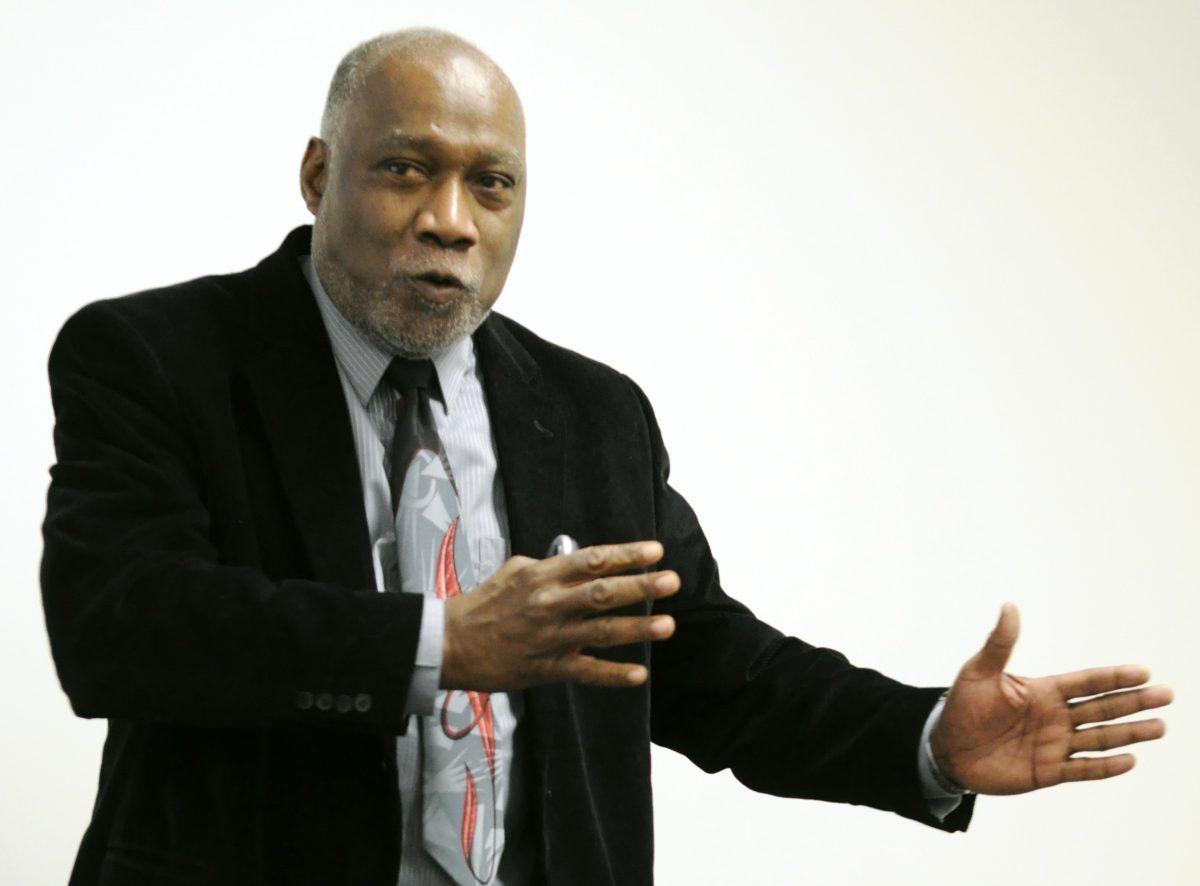 Reginald Owens, F. Jay Taylor Endowed Chair of Journalism at Louisiana Tech University speaks in Tompkins Hall Feb. 28. Owens spoke about the role of black press. "The founding of the first black newspapers were an important part of that founding over the next I would say hundred years help to develop a black consciousness. Because before there was no means to talk about, there was no vehicle through which they could talk about these things and the black press set that up." Photo by Chris Rupert