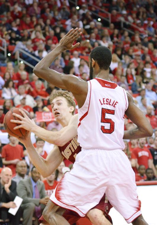 Junior forward C.J. Leslie boxes out the offense during the game against Boston College in PNC Arena Wednesday, Feb. 27, 2013. The Wolfpack defeated the Eagles 82-64, for a total of 20 wins on the season. Photo by John Joyner.