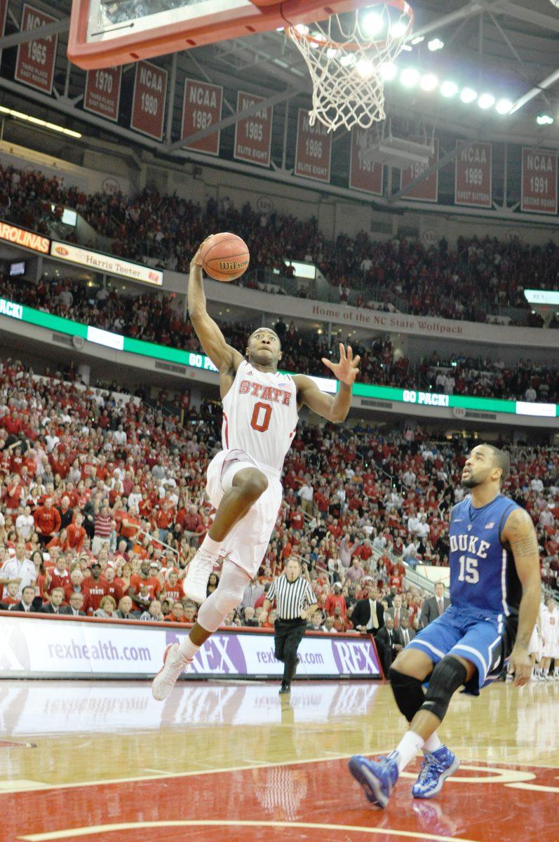 Freshman guard Rodney Purvis dunks the ball on Jan. 12, 2013 in PNC Arena. The No. 20 Wolfpack defeated the No. 1 ranked and previously undefeated Blue Devils 84-76. Photo by Chris Rupert