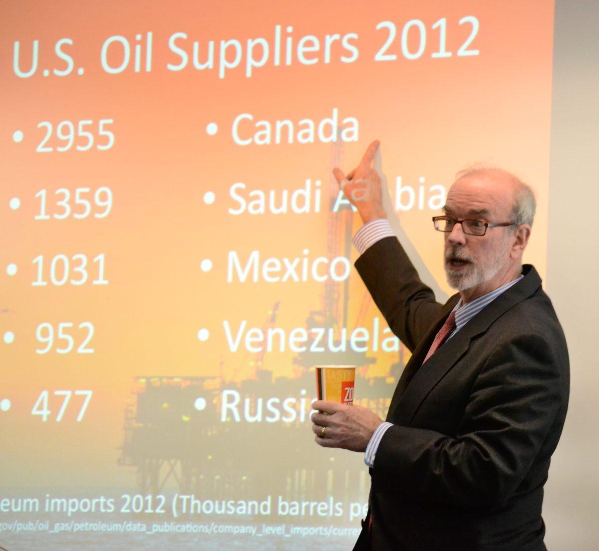 Steve Kelly, a visiting profesor from Duke, presents oil relations to United States national security on March 18th. Mr. Kelly discussed the US's oil imports, and how that impacted relations. Canada is the leading supplier to US in oil.