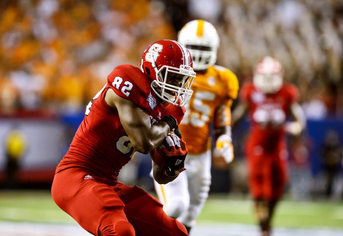 Senior tight end Asa Watson catches a pass at the Chick-fil-A Kickoff Game at the Game at the Georgia Dome on August 31, 2012. Watson finished the game with four receptions for 50 yards.