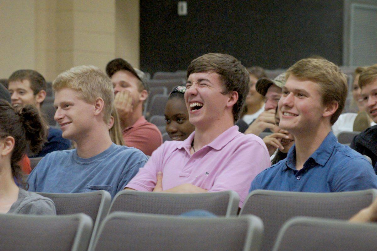N.C. State students enjoy a performance by comedian Evan Wecksell on Monday. Wecksell is an alumnus of the Theta Chi fraternity and travels across the United States to perform at various chapters. Proceeds from his show went to the St. Baldrick&#8217;s Foundation.&#160;