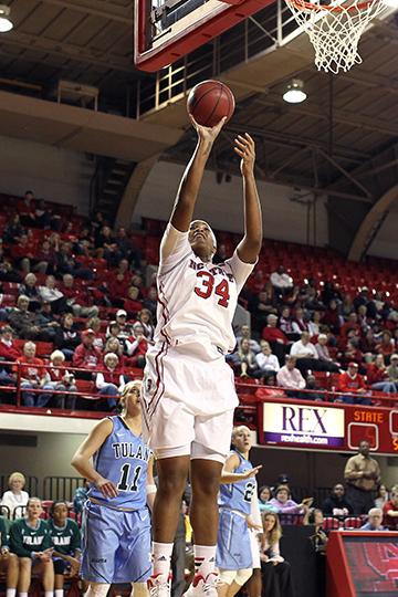 Senior center Markeisha Gatling shoots a layup against Tulane in Reynolds Coliseum on Sunday. State beat the Green Wave, 69-55.