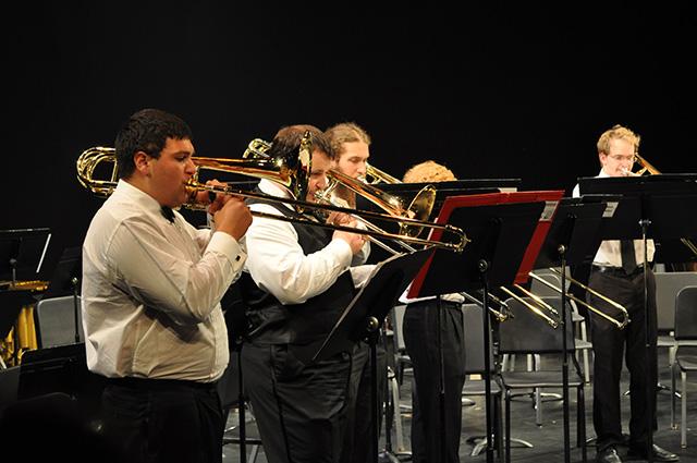 The trombone choir performs a piece before joining the rest of the ensemble. The N.C. State Wind Ensemble performed Thursday, Nov. 7 in the Titmus Theatre of Thompson Hall. Photo by Elizabeth Davis