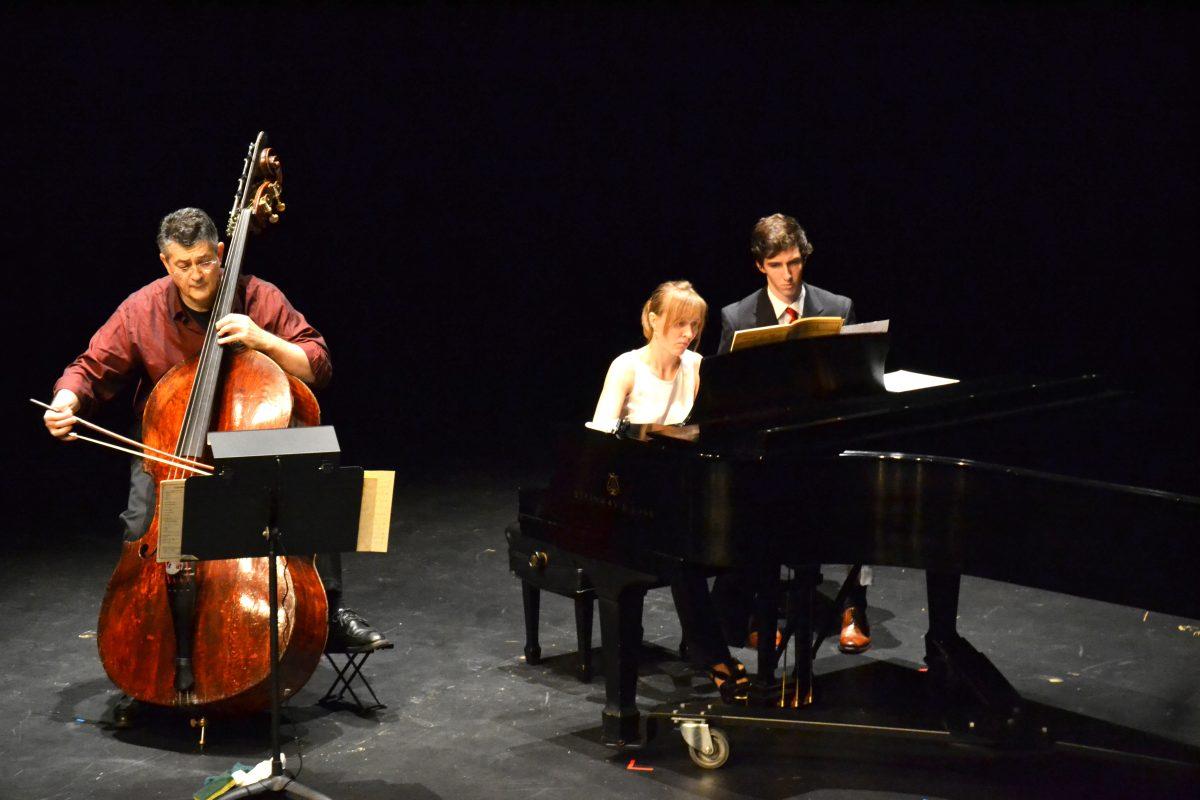 Dr. Olga Kleiankina plays the piano with guest artist Leonid Finkelshteyn playing the double bass in Thompson Hall, Sunday, Nov. 3, 2013. Guest artist Anatoly Larkin also played the piano in the second half of the recital. Photographed by Victoria Crocker.