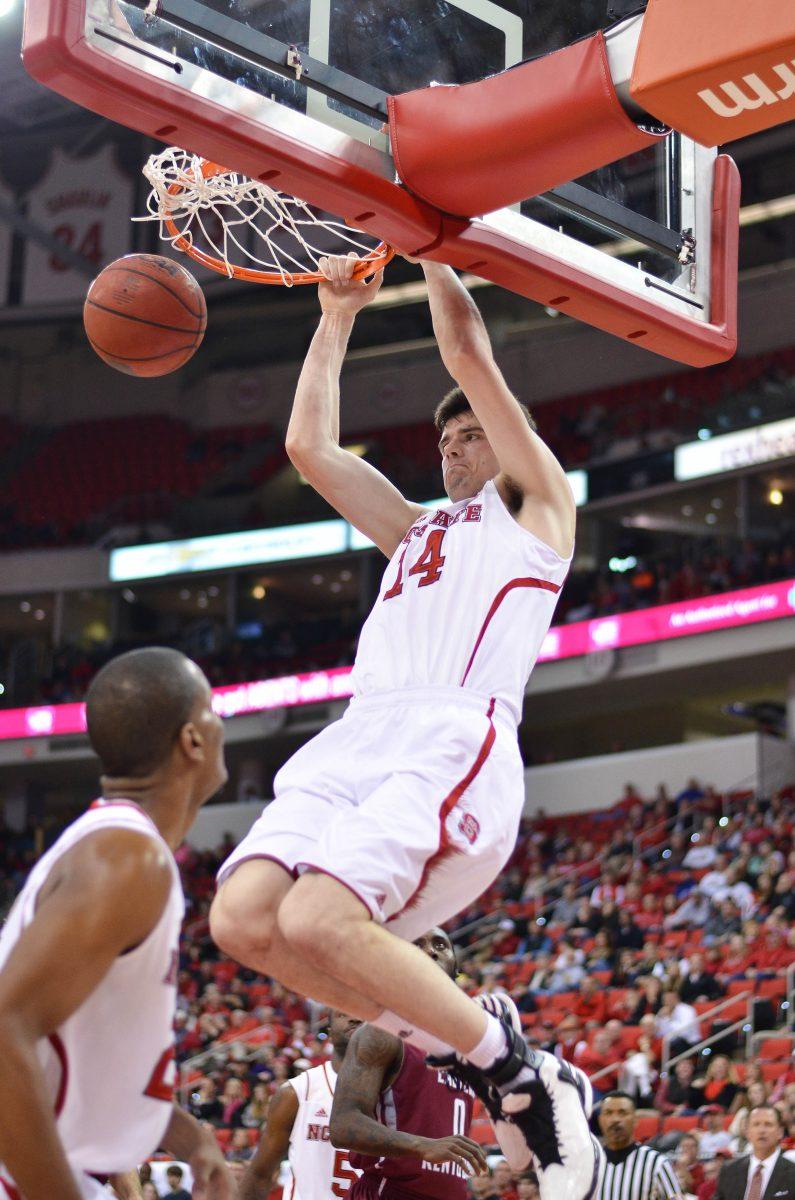 Redshirt senior center Jordan Vandenberg dunks the ball during the Wolfpack's 75-56 win over Eastern Kentucky in PNC Arena on Saturday, Nov. 30. Photo by John Joyner.