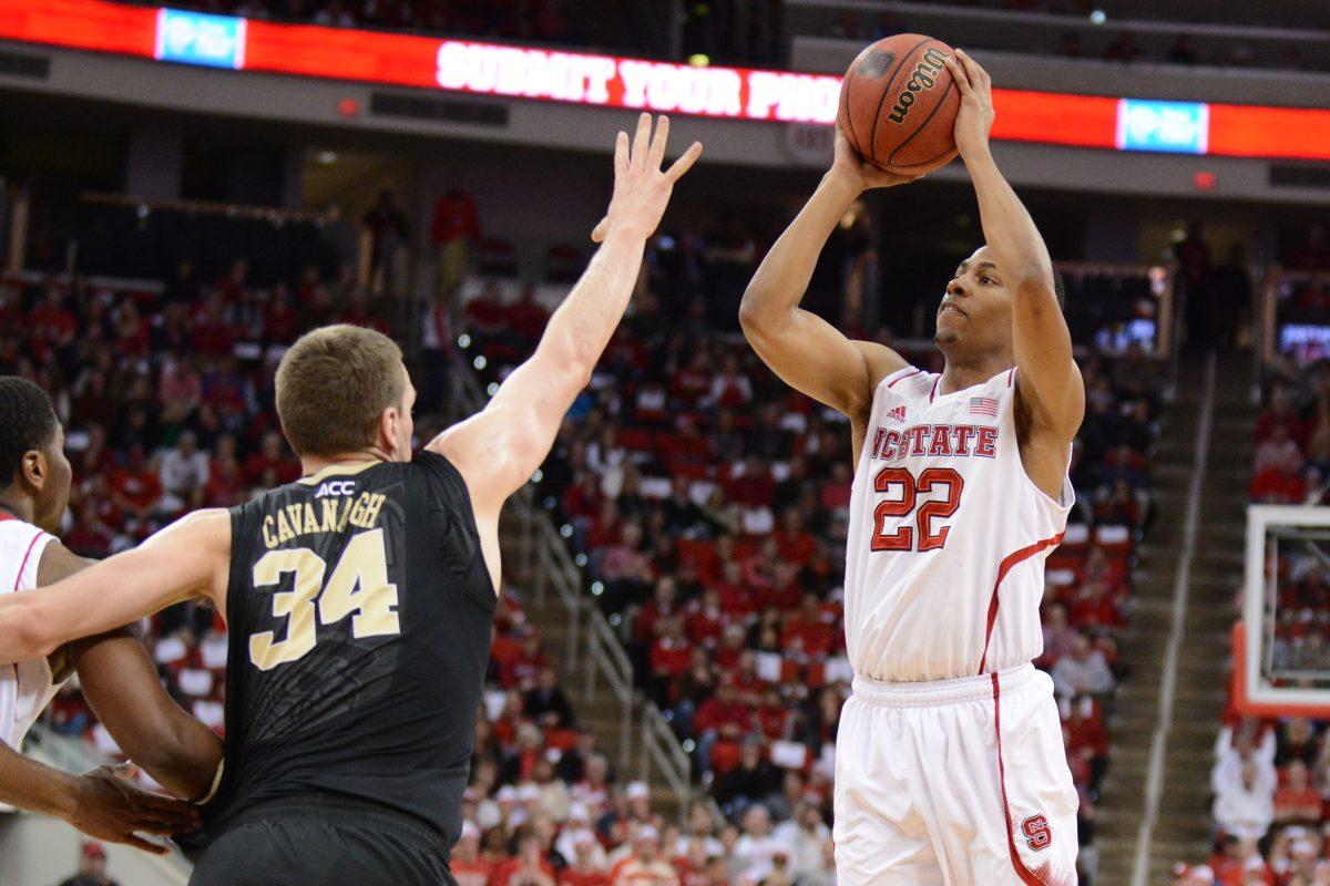 Redshirt junior guard Ralston Turner shoots the ball during the game against Wake Forest in the PNC Arena Tuesday, Feb. 11, 2014. Turner was the second-highest scorer in the game with 16 points, second only to teammate T.J. Warren. The Wolfpack defeated the rival Demon Deacons, 82-67. Photo by John Joyner.