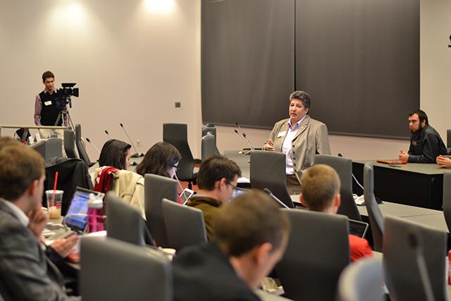 Justine Hollingshead, the director of the GLBT Center, addresses the student Senate, Wednesday, March 19th, 2014. Hollingshead was promoting a bill to add gender identity and sexual orientation to NC State's application. Photographed by Victoria Crocker.