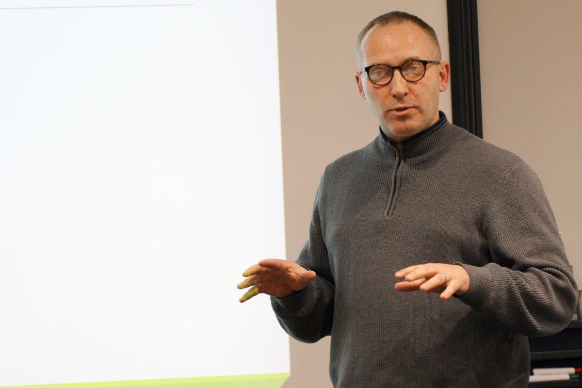 David Rieder gave a presentation about his upcoming book Suasive Iterations and how humanities and engineering can merge disciplines to create new experiences. Photo by Sasha Afanasyeva.