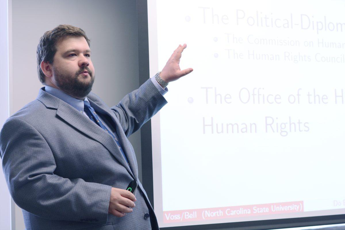 Joel Voss gave a presentation on the Human Rights Council Wednesday afternoon, which presented data about the trends between the states and the types of human rights issues they violated. Photo By Hunter Johnson