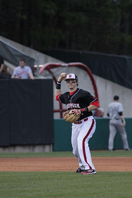 Freshman third baseman Andrew Knizer throws the ball to first base during N.C. State&#8217;s 6-5 victory over Appalachian State in Raleigh at Doak Field Feb. 21.