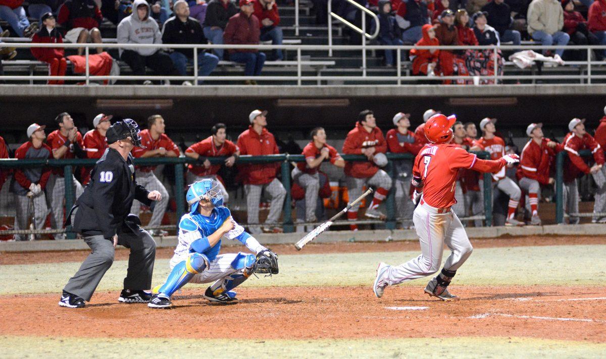 Junior catcher Brett Austin tries to locate a pop fly in left field during N.C. State&#8217;s matchup with then-No. 19 UCLA at the USA Baseball Complex in Cary Mar. 1.&#160; The Bruins knocked off the then-No. 6 Wolfpack, 2-0.
