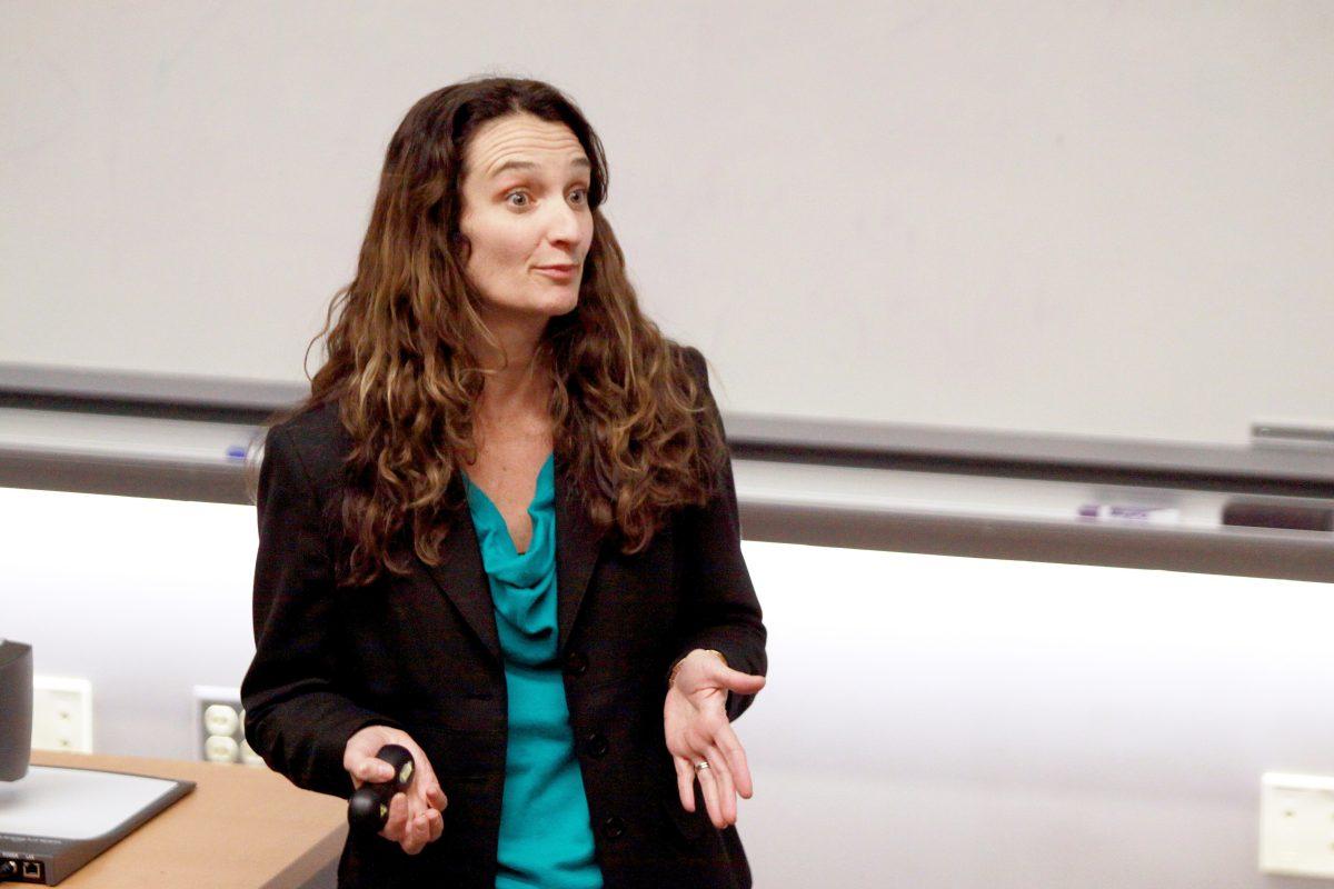 Meghan Manfra spoke Wednesday night, along with several other faculty members, on the history of education in the United States. Her presentation focused on the current and future public education system and the use of standardized testing. Photo By Hunter Johnson