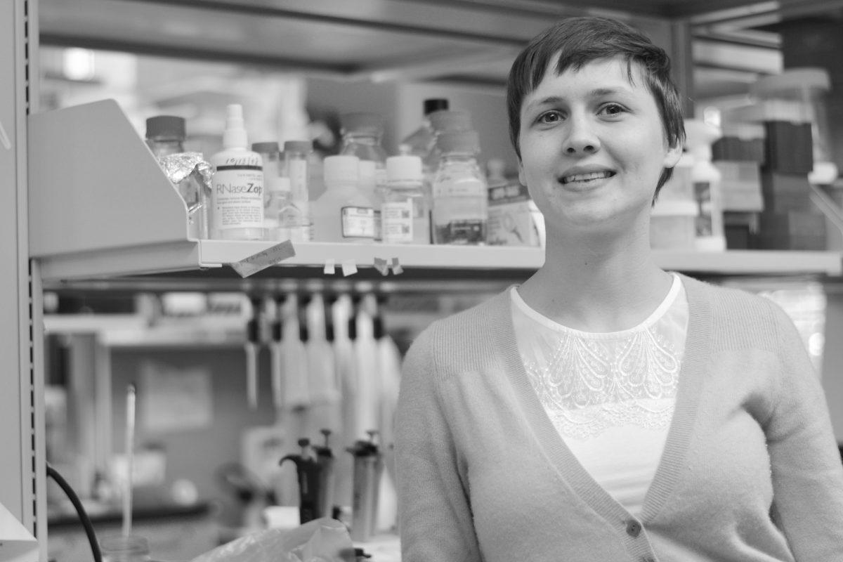 Emily Griffiths, post-doctoral research scholar in entomology, stands in Thomas Hall March 27. Griffiths recently published a paper analyzing the effects of multiple parasitic infections on the human body. Photo by Caide Wooten.