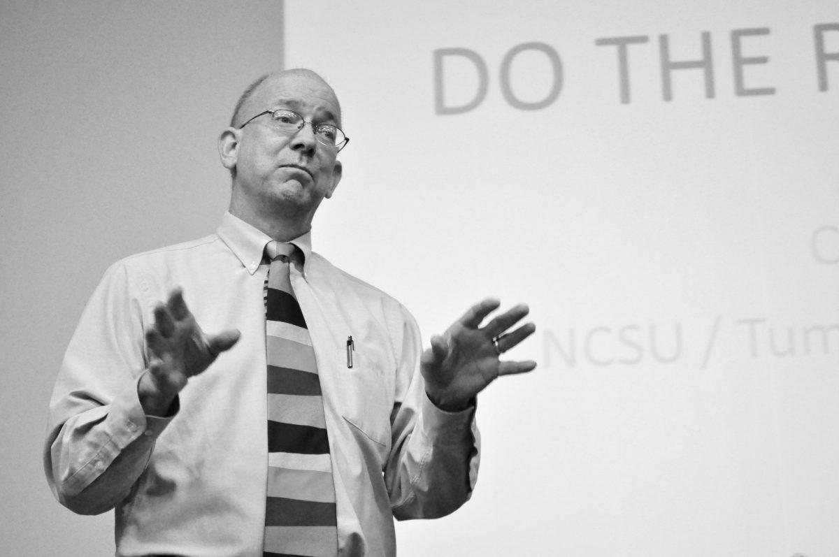Chuck Stewart, owner and founder of the dye company Tumbling Colors, speaks to students in the Witherspoon Cinema Wednesday, April 9 during Textiles Talk. The sustainability and environmental impact of the textile industry was discussed with a panel of members from the industry.&#160;