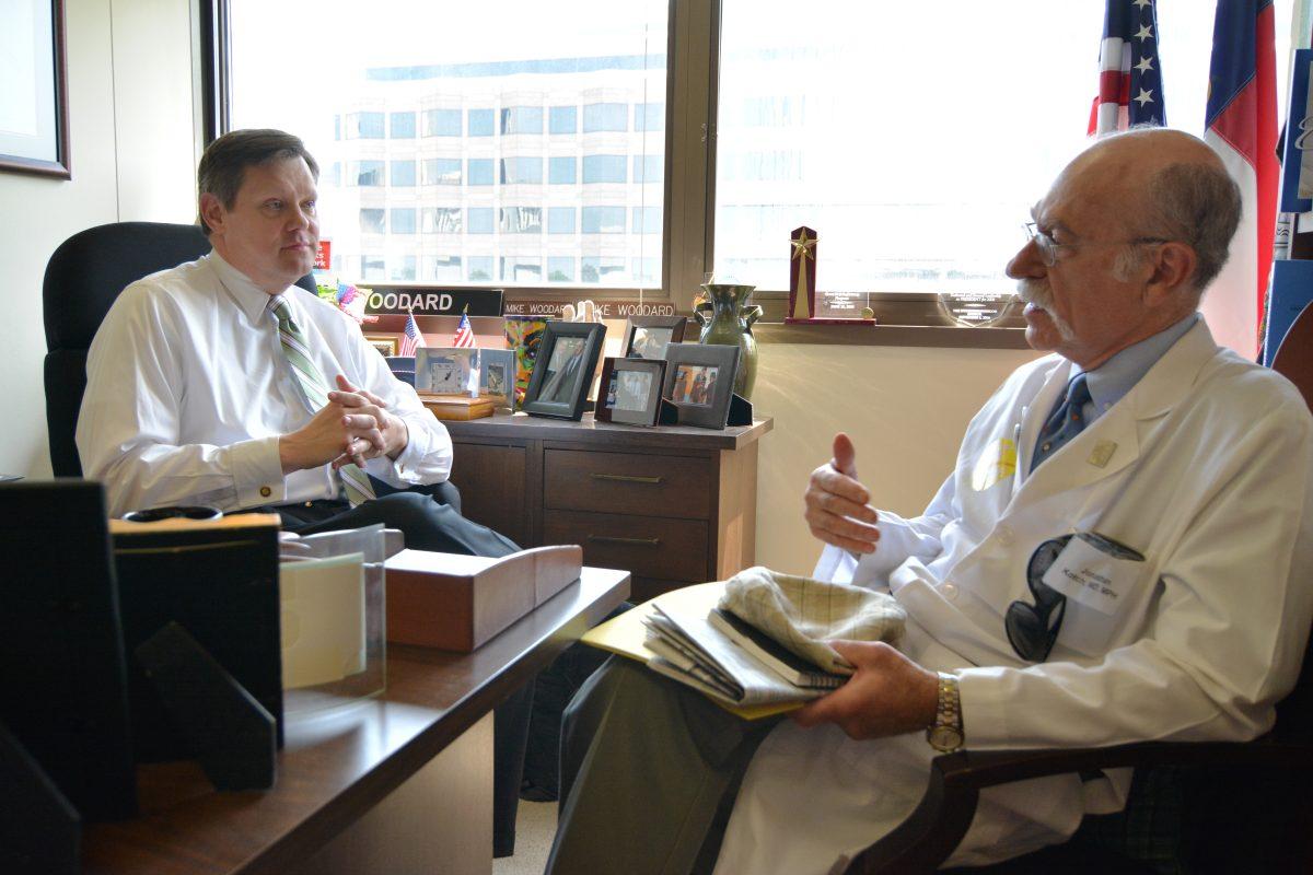 Dr. Jonathan Kotch speaks with Senator Mike Woodard as a part of the Medicaid Expansion Lobby Day. Attendees of the protest met with their representatives to voice their opinions on medicaid expansion.