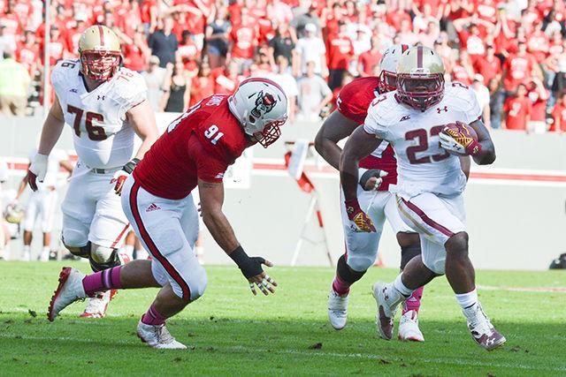 Redshirt sophomore defensive end Drew Davis chases sophomore Boston College running back Myles Willis Saturday, Oct. 11 at Carter-Finley Stadium.
