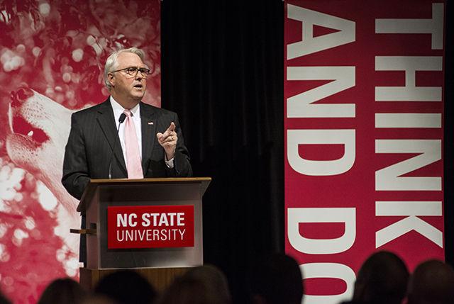 Chancellor Randy Woodson speaks at his annual fall address Wednesday morning, in the Talley Student Union Ballroom.&#160; Woodson recounted the successes of the first three years of the ten-year strategic plan, The Pathway to the Future, which was implemented in 2011.