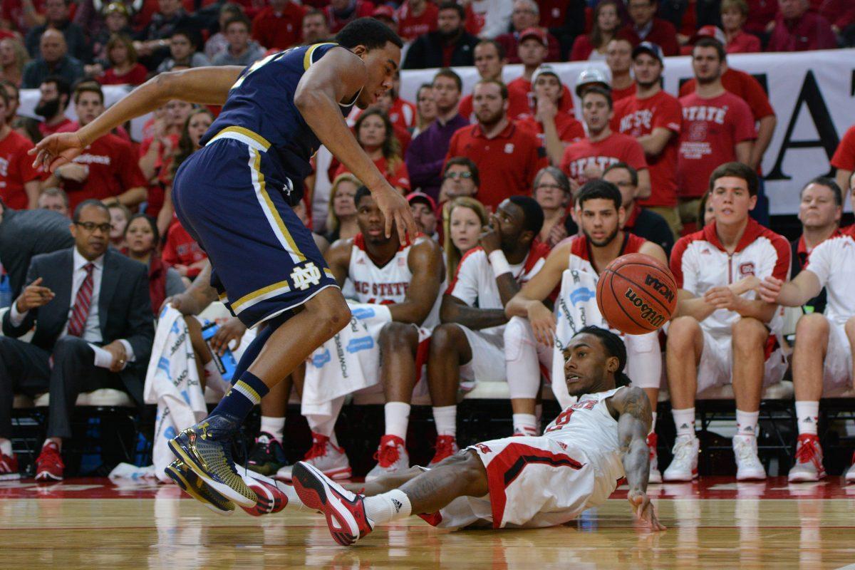 The NC State men's basketball team looked to upset No. 8 Notre Dame Jan. 25 in PNC Arena only to fall short 81-78 in overtime. After trailing 42-30 at the half, the Fighting Irish slowly climbed back into the game and were able to force overtime play on a bucket by V.J. Beacham with 1.8 seconds remaining in regulation. A last-second 3-point attempt to force double overtime by redshirt junior Trevor Lacey was easily blocked to end the game.