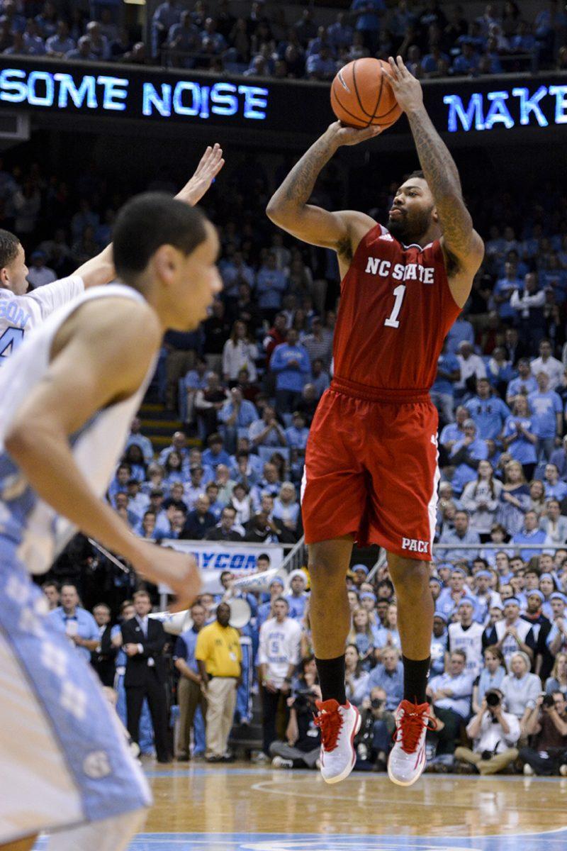 The NC State men's basketball team topped No. 15 rival UNC-Chapel Hill 58-46 in Chapel Hill Tuesday, Feb. 24, 2015, holding the Tar Heels to their lowest game total in Dean Dome history. The win marks the Wolfpack's first at UNC since 2003, and its first over a Roy Williams-led Tar Heel squad. Sophomore guard Anthony 'Cat' Barber led the Pack in scoring with fifteen points, and sophomore forward BeeJay Anya was a huge defensive presence with six blocks, six rebounds, and a steal. The Pack's next game is scheduled for Saturday against Boston College in Chestnut Hill.