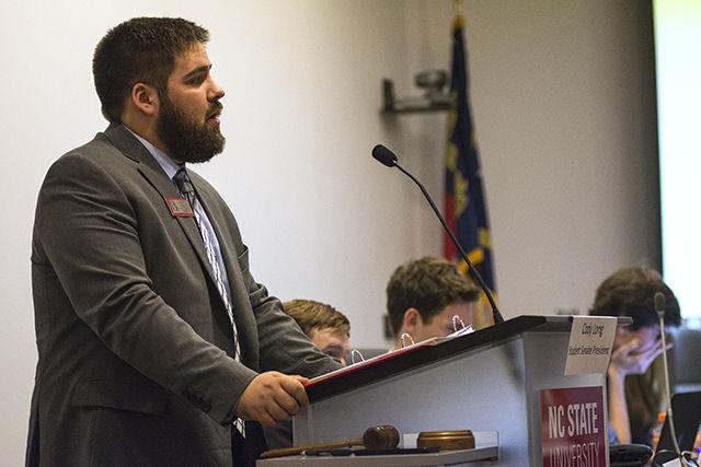Student Senate President Cody Long, a sophomore studying history, leads Wednesday night&#8217;s Student Senate meeting. Long advised senators to do thourough research before drafting pieces of legislation and putting them up for a vote on the Senate floor.
