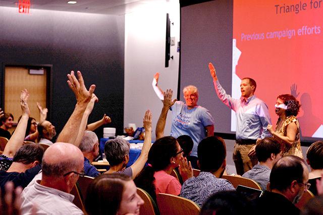 Max Socol of Triangle for Bernie introduces the crowd to Bernie Sanders' platform during an NCSU for Bernie interest meeting held&#160;Wednesday&#160;evening in Hunt Library. The meeting consisted of Bernie supporters from Triangle for Bernie as well as students from NC State and UNC. Socol finished his introduction by exclaiming, "I have full on Bernie syndrome! Who else does?"