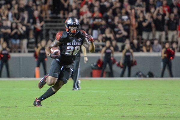 Sophomore tight end / full back Jaylen Samuels receives and rushes to further the lead over Eastern Kentucky. NC State won 35-0 at Cater-Finley Stadium on September 12th.