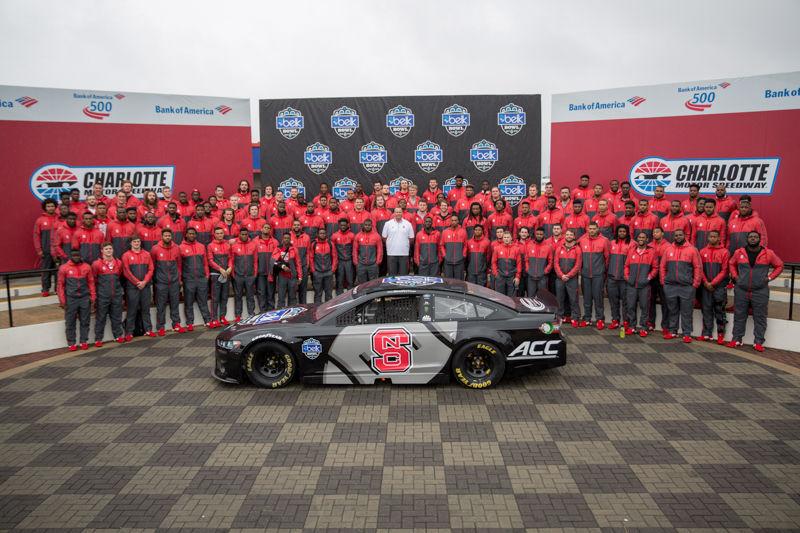 The NC State football team posing at Charlotte Motor Speedway on December 27, 2015.