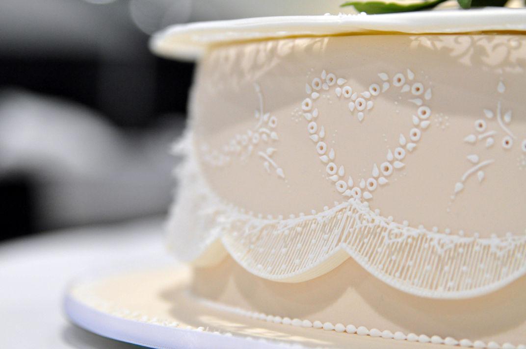 A detail of a cake Kelly Bellmore created for an American Culinary Federation sanctioned competition, which she won a gold medal for. Bellmore is Executive Pastry Chef for University Dining at NCSU. When she first joined University Dining, the pastry team only supplied for Port City Java