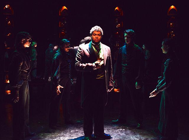 Nicholas Peaks, a senior studying science education (center), plays Dr. Henry Jekyll, surrounded by the four versions of Edward Hyde: Louis Bailey, a sophomore studying industrial design; Raven Stone, a sophomore studying anthropology; Matthew Tucker, a senior studying communication; and Sydney Smallwood, a freshman studying anthropology. University Theatre presents "Dr. Jekyll and Mr. Hyde," adapted by Jeffrey Hatcher from the novella "Strange Case of Dr. Jekyll and Mr. Hyde" by Robert Louis Stevenson. Dr. Jekyll and Mr. Hyde opened Thursday at 7:30 p.m. in Titmus Theatre and runs until Sunday at 2 p.m. The crew includes Jayme Mellema, Joshua Reaves, Laura Parker and Mia Self who designed the set, light and sound and costumes, respectively. Self directed the play.