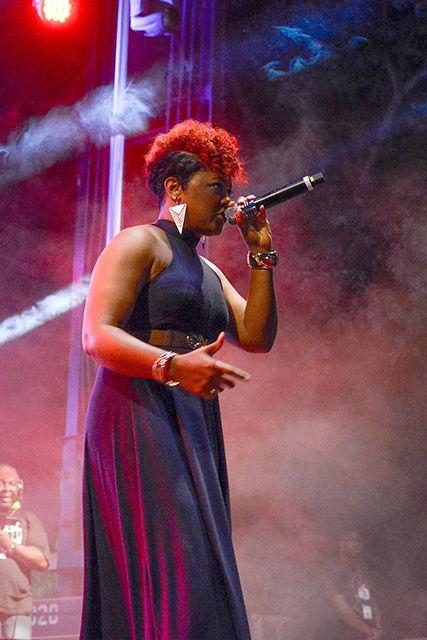NC State alumna, Rapsody, performs on the Belltower stage for Packapalooza 2015 held on Aug. 22, 2015.