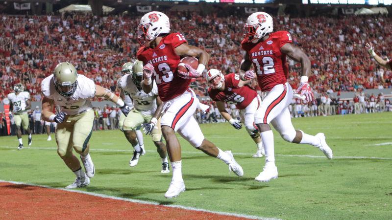 Senior wide receiver Bra'Lon Cherry crosses the end zone during the 48-14 win over William &amp; Mary on Sept. 1 in Carter-Finley Stadium.