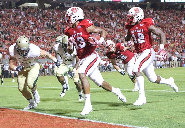 Senior wide receiver Bra'Long Cherry crosses the endzone during the 48-14 win over William &amp; Mary on Sept. 1 in Carter-Finley Stadium.