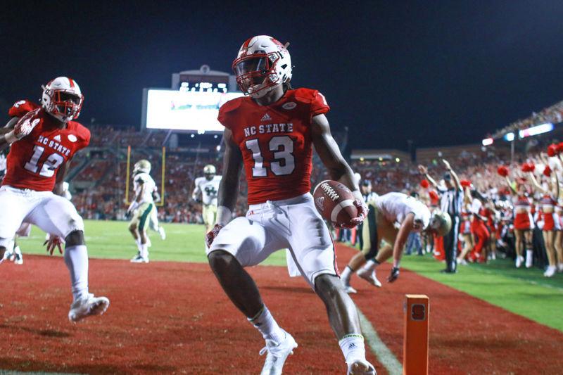 Senior wide receiver Bra'Lon Cherry struts to the back of the endzone after scoring a touchdown in the Wolfpack's home opener against William &amp; Mary on Sept. 1. Cherry caught three passes for 36 yards and one touchdown in the Wolfpack's 48-14 win over the Tribe at Carter-Finley Stadium.